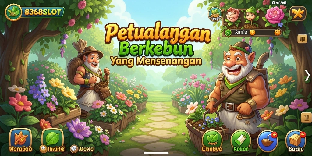 Tampilan gameplay 8368SLOT yang menampilkan kebun subur dan tanaman beragam.