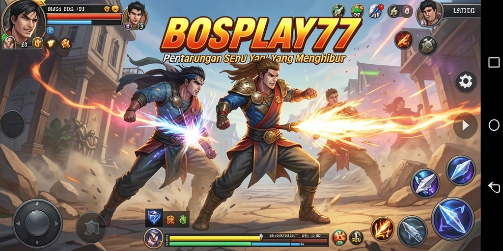 Screenshot utama <strong>BOSPLAY77</strong> menunjukkan aksi pertarungan yang mendebarkan antara karakter.