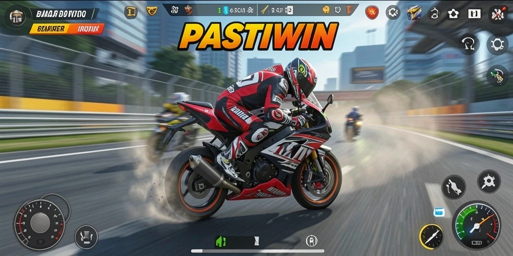 Screenshot gameplay PASTIWIN menampilkan balapan motor yang seru dan grafis menawan.