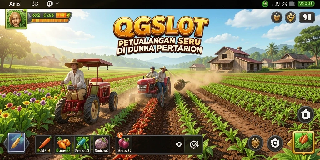 Tampilan gameplay seru dari QQSLOT dengan aktivitas pertanian yang dinamis.